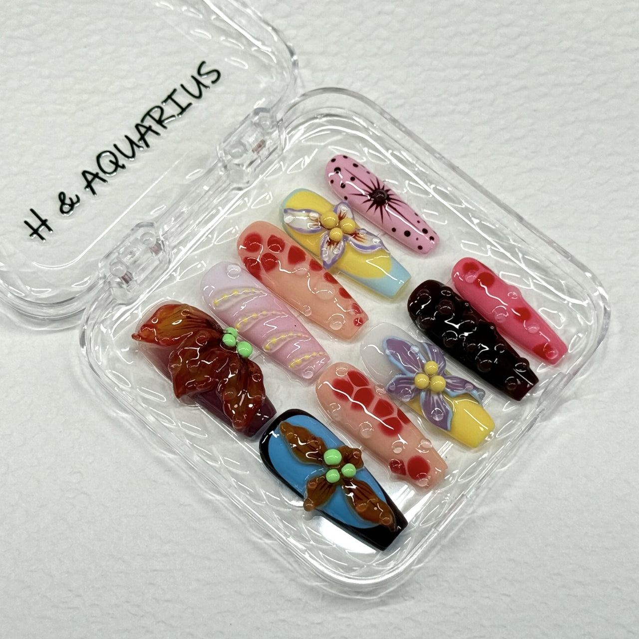 H&Aquarius SUMMER Collections 10PCS Handmade PressOn Nails REUSABLE 3D Gel fake nails acrylic press nails /Summer 2025 H&A-001