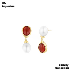 Gold Plated Red Bead Earrings - Vintage Elegant Statement Drop Hoops