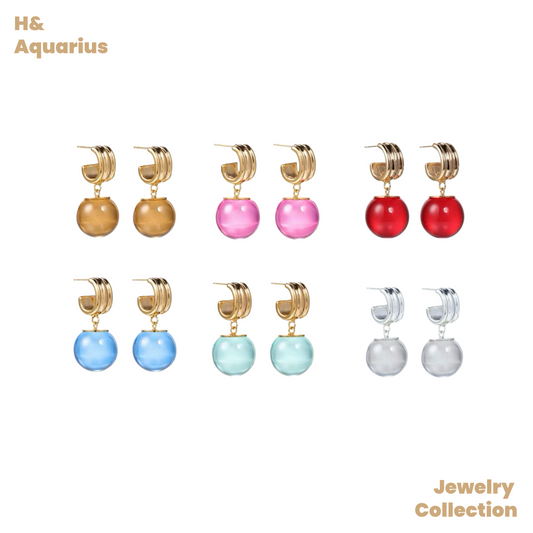 Copper Alloy & Resin Earrings - Multi-Color Translucent Bead Drop Earrings