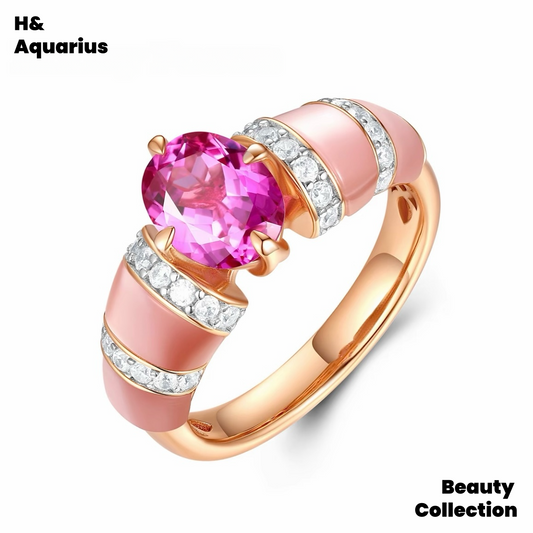 925 Silver & Zirconia Ring - Pink Shell Statement Handmade Luxury Ring