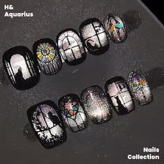 【In Stock】Cathedral Window ¡¤ Black Cat Sunset Stained Glass Cat Nail Art - Handmade Press-On Nails
