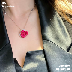 925 Silver & Zirconia Red Rose Necklace - Silver Luxury Sweet Princess Style Chain