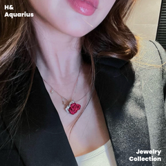 925 Silver & Zirconia Red Rose Necklace - Silver Luxury Sweet Princess Style Chain