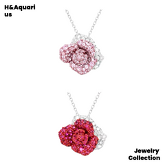 925 Silver & Zirconia Red Rose Necklace - Silver Luxury Sweet Princess Style Chain