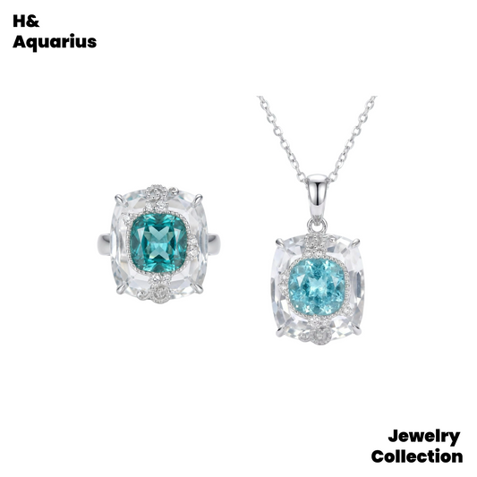 Ice Clear Aquamarine Ring and Necklace - 925 Silver Natural Crystal Minimalist Luxury Pendant