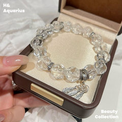 925 Silver Feather Bracelet - White Crystal Planet Bead Luxury Stackable Bracelet