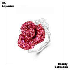 Silver Rose Zircon Ring(925 Silver Synthetic Zirconia Ring, Red Rose Ring, Silver Luxurious Sweet Princess Style Ring )
