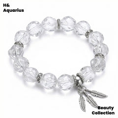 925 Silver Feather Bracelet - White Crystal Planet Bead Luxury Stackable Bracelet
