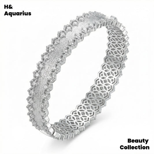 925 Silver & Zirconia Brushed Lace Bangle - Vintage Luxury Classic Bracelet