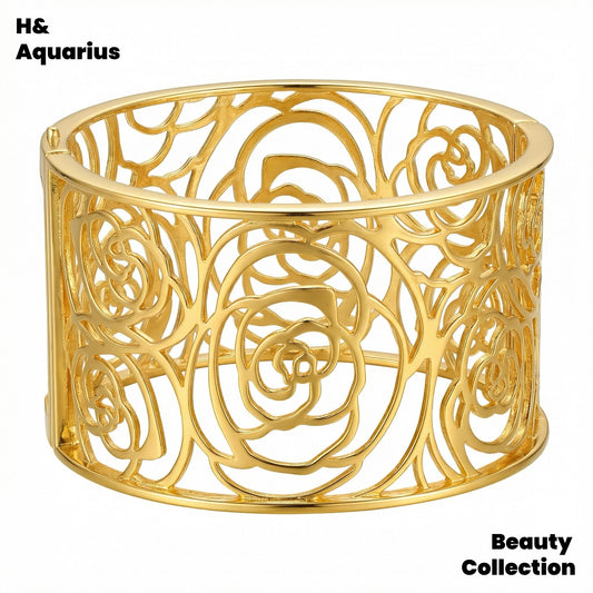 925 Silver Camellia Bangle - Gold Plated French Hollow Out Minimalist Bracelet