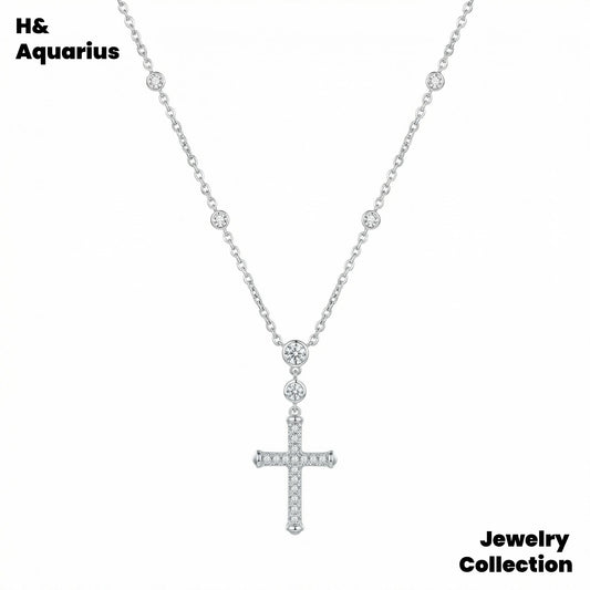 Pendant: 925 Silver & Zirconia Bubble Cross Necklace - Korean Style Minimalist Pav¨¦ Chain for Women