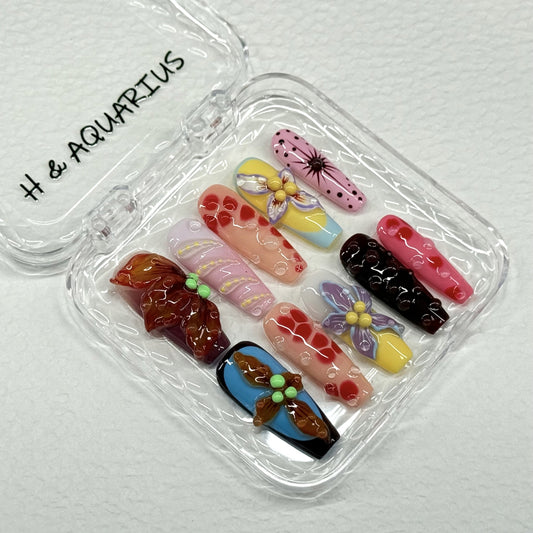 H&Aquarius SUMMER Collections 10PCS Handmade PressOn Nails REUSABLE 3D Gel fake nails acrylic press nails /Summer 2025 H&A-001
