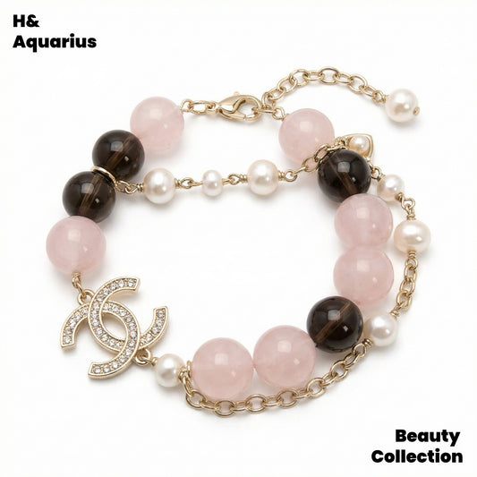 BLACK PINK Style Bracelet - Light Pink Natural Crystal Luxury Chanel Style Bead Chain