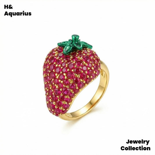 925 Silver & Zirconia Strawberry Ring - Colorful Sweetheart Style Ring