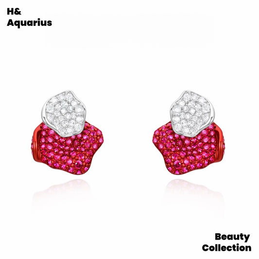 925 silver synthetic zircon earrings red rose stud earrings silver light luxury sweet princess style stud earrings #8866