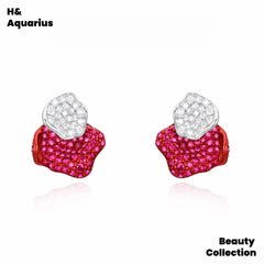 925 silver synthetic zircon earrings red rose stud earrings silver light luxury sweet princess style stud earrings #8866