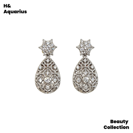 925 Silver Synthetic Zircon Earrings Water Drop Lace Earrings Silver Light Luxury Niche Personality Earrings