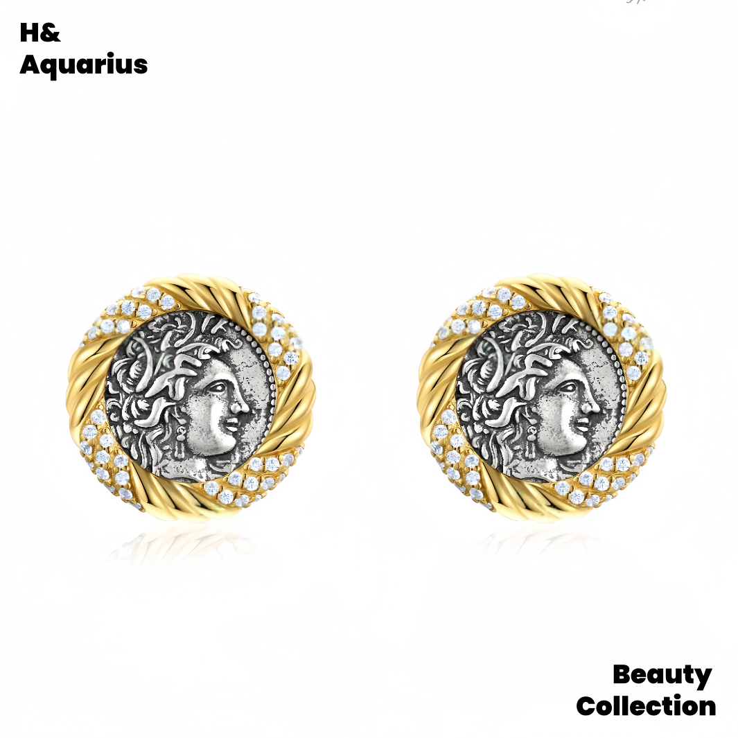 925 silver synthetic zircon earrings antique coin earrings vintage court style gold earrings