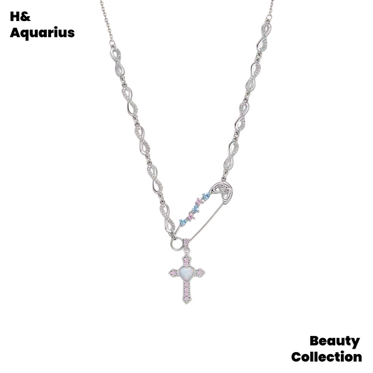 Brass Necklace - Maiden's Prayer Cross Heart Pendant