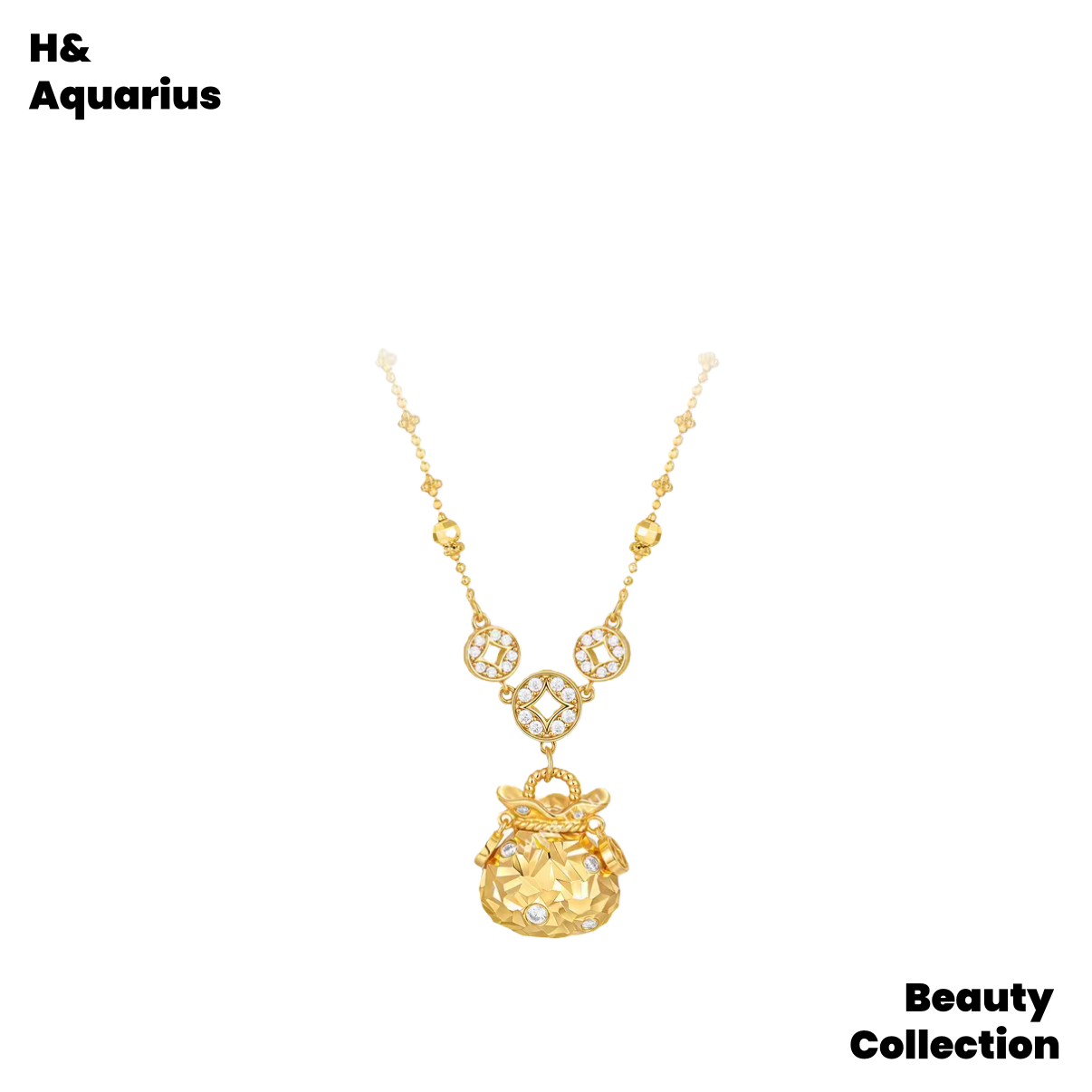 Gold Plated Fortune Bag Coin Necklace - Traditional Chinese New Year Gift Pendant