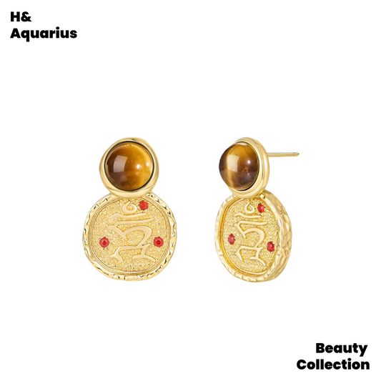Gold Plated Pearlescent Coin Earrings - New Year Luxury Brown Round Hoops