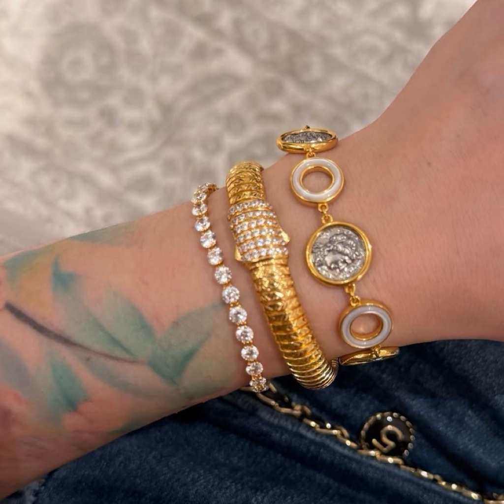 18K gold-plated sterling silver coin bracelet with mother-of-pearl ring accents