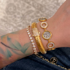 18K gold-plated sterling silver coin bracelet with mother-of-pearl ring accents