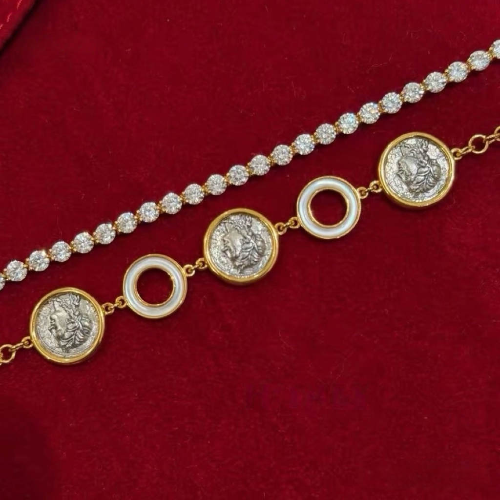 18K gold-plated sterling silver coin bracelet with mother-of-pearl ring accents