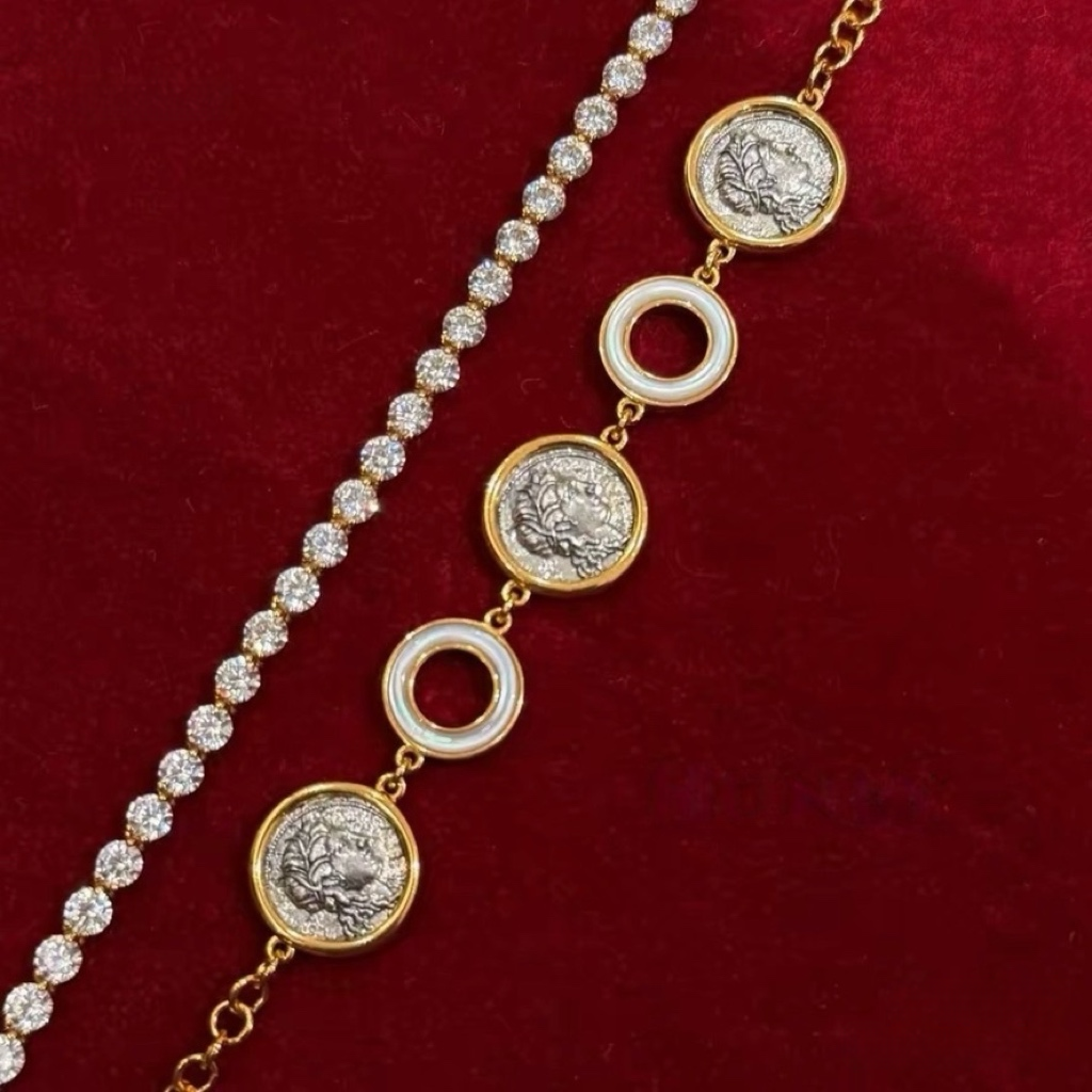 18K gold-plated sterling silver coin bracelet with mother-of-pearl ring accents