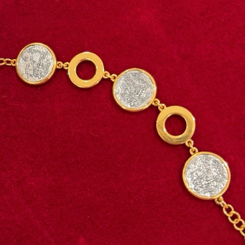 18K gold-plated sterling silver coin bracelet with mother-of-pearl ring accents