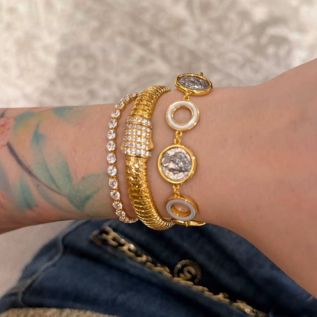 18K gold-plated sterling silver coin bracelet with mother-of-pearl ring accents