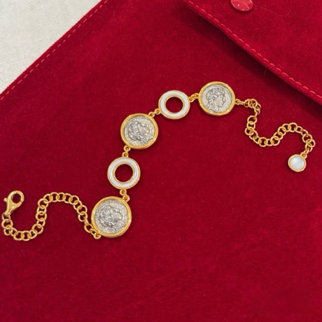18K gold-plated sterling silver coin bracelet with mother-of-pearl ring accents