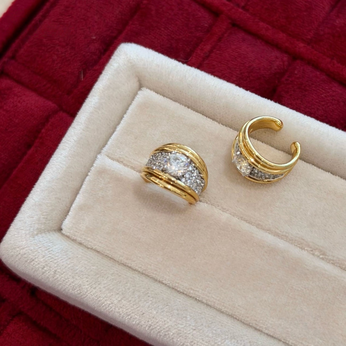 18K gold-plated sterling silver double-orbit non-pierced ear cuffs with round cubic zirconia center stones and pavé accents