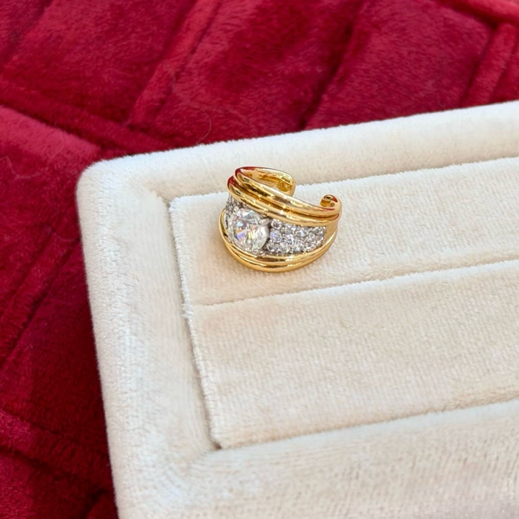 18K gold-plated sterling silver double-orbit non-pierced ear cuffs with round cubic zirconia center stones and pavé accents