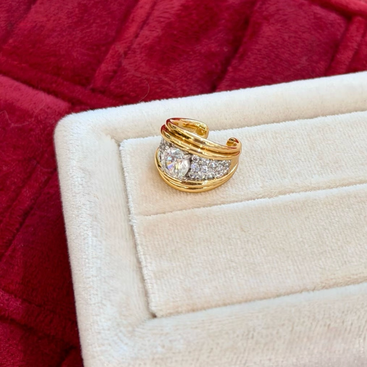 18K gold-plated sterling silver double-orbit non-pierced ear cuffs with round cubic zirconia center stones and pavé accents