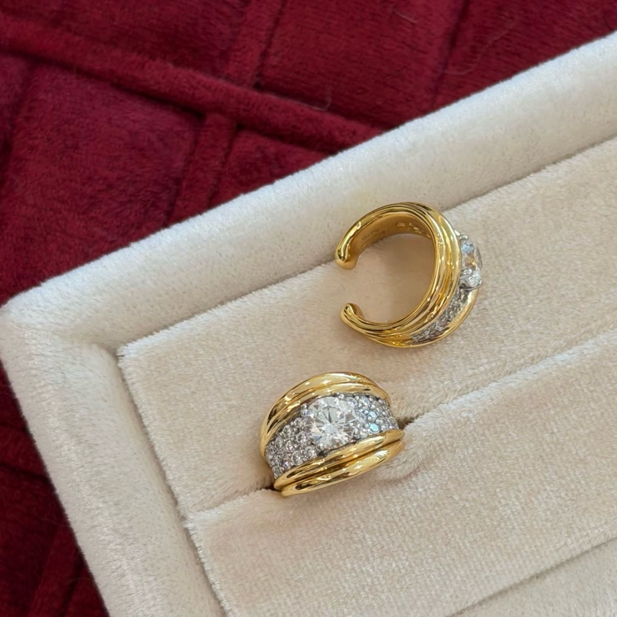 18K gold-plated sterling silver double-orbit non-pierced ear cuffs with round cubic zirconia center stones and pavé accents