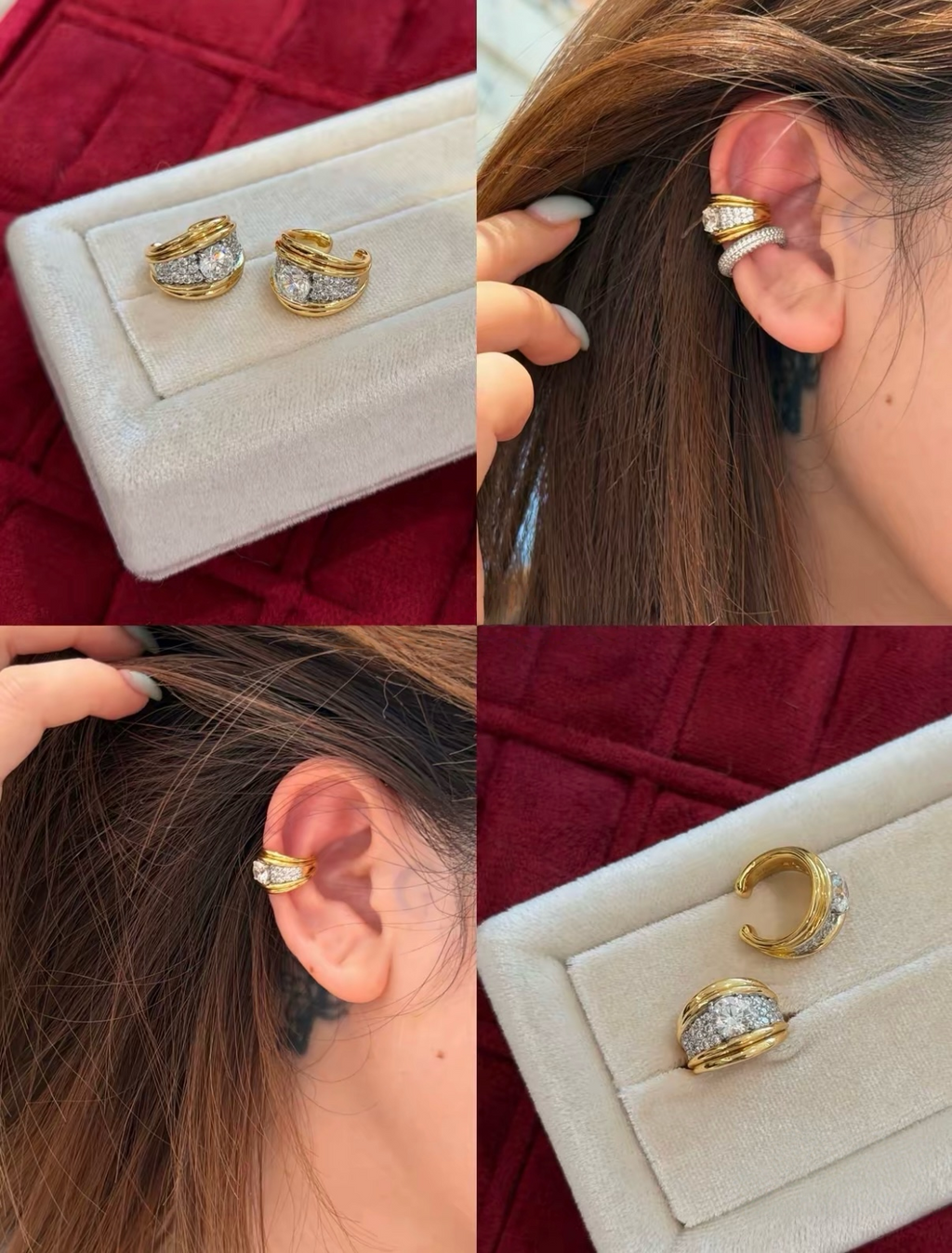 18K gold-plated sterling silver double-orbit non-pierced ear cuffs with round cubic zirconia center stones and pavé accents