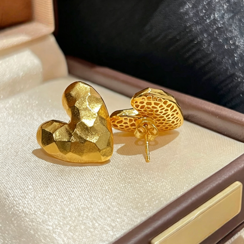18K gold-plated sterling silver heart stud earrings with hammered textured fronts and butterfly backs