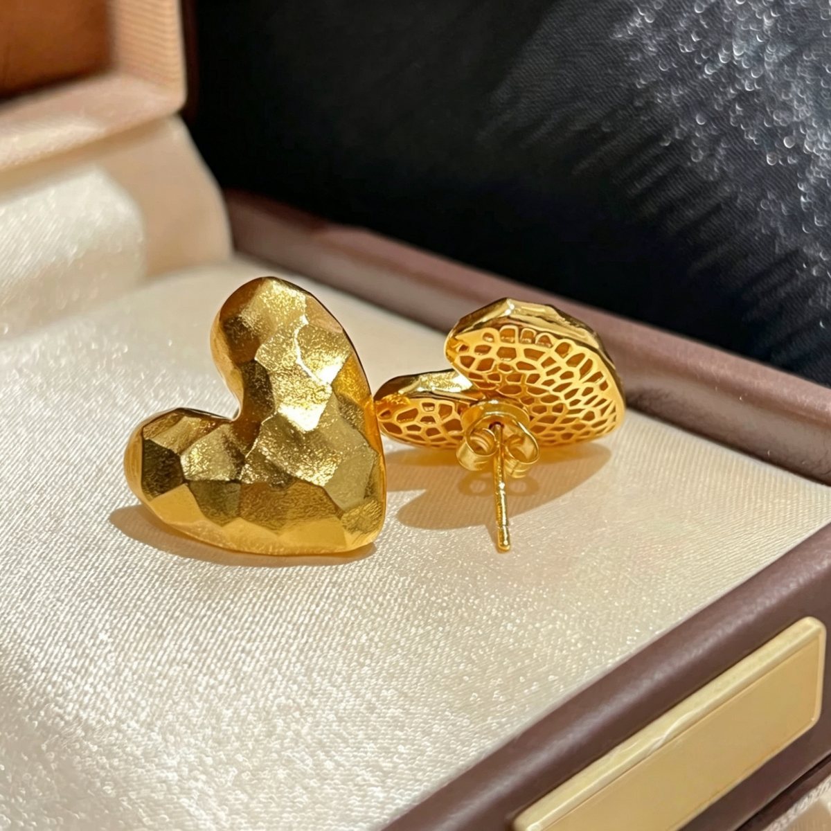 18K gold-plated sterling silver heart stud earrings with hammered textured fronts and butterfly backs