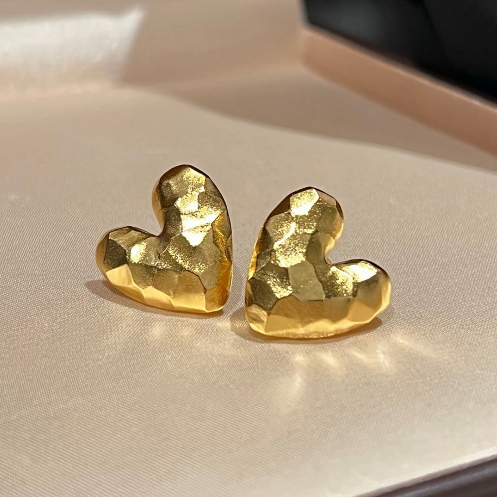 18K gold-plated sterling silver heart stud earrings with hammered textured fronts and butterfly backs