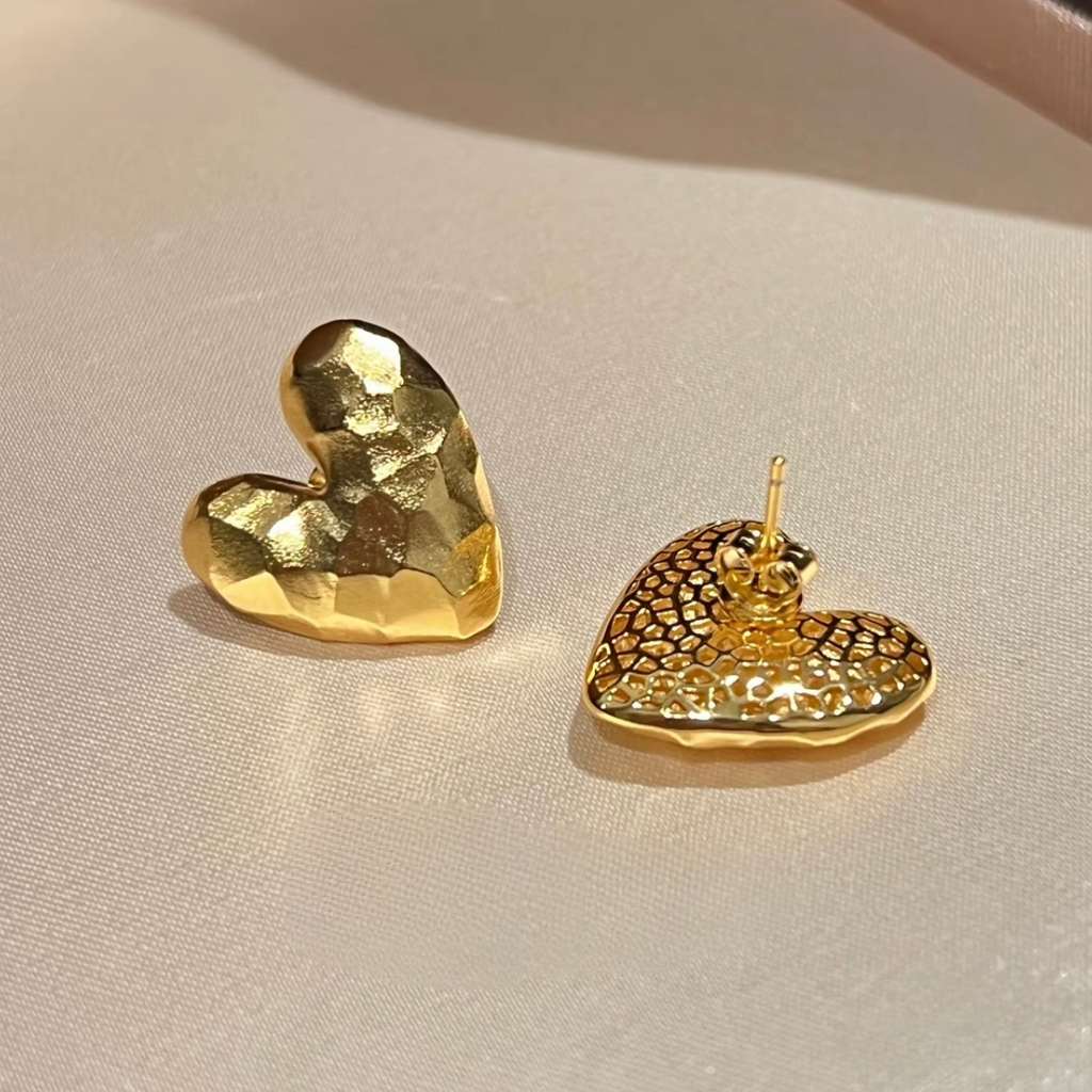 18K gold-plated sterling silver heart stud earrings with hammered textured fronts and butterfly backs