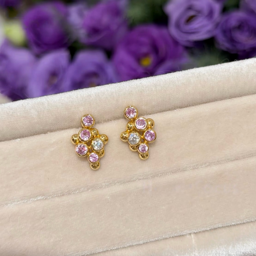 18K gold-plated sterling silver grape-cluster stud earrings with round cubic zirconia and butterfly backs