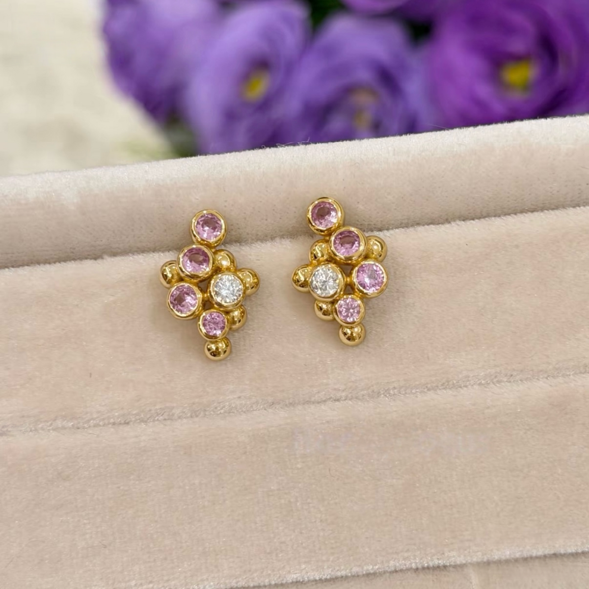 18K gold-plated sterling silver grape-cluster stud earrings with round cubic zirconia and butterfly backs