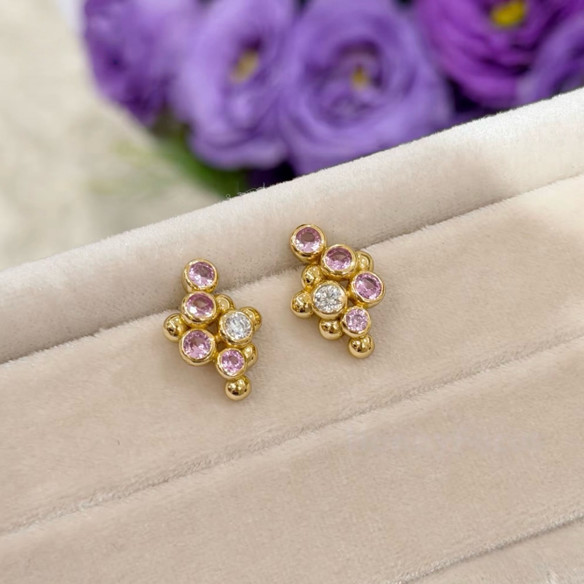 18K gold-plated sterling silver grape-cluster stud earrings with round cubic zirconia and butterfly backs