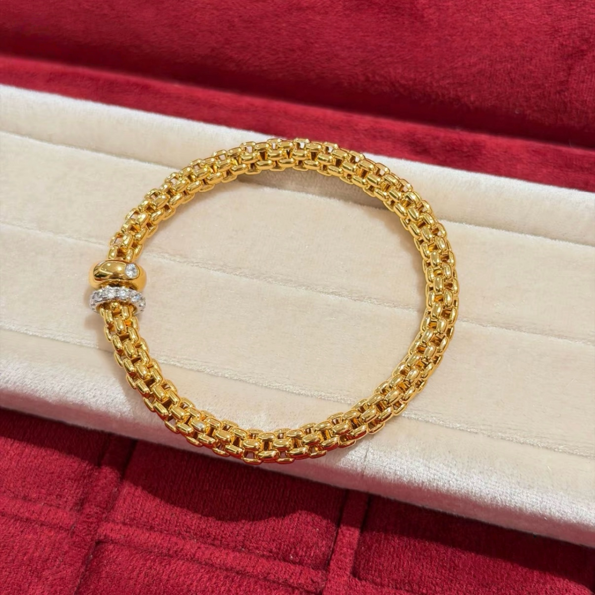 18K gold-plated sterling silver woven chain bracelet with movable pavé cubic zirconia ring