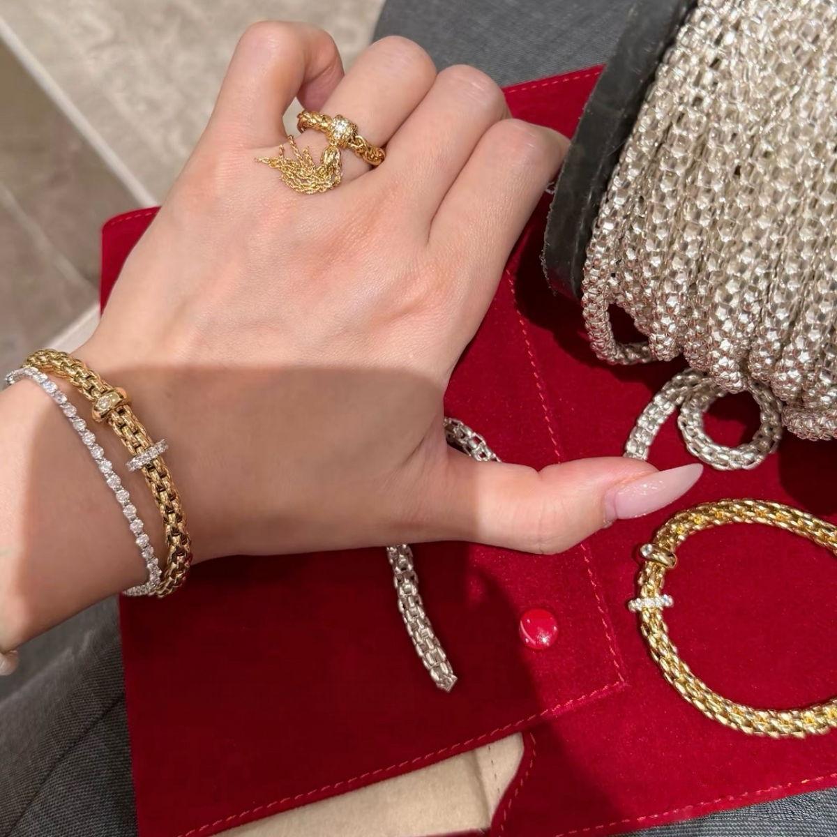 18K gold-plated sterling silver woven chain bracelet with movable pavé cubic zirconia ring