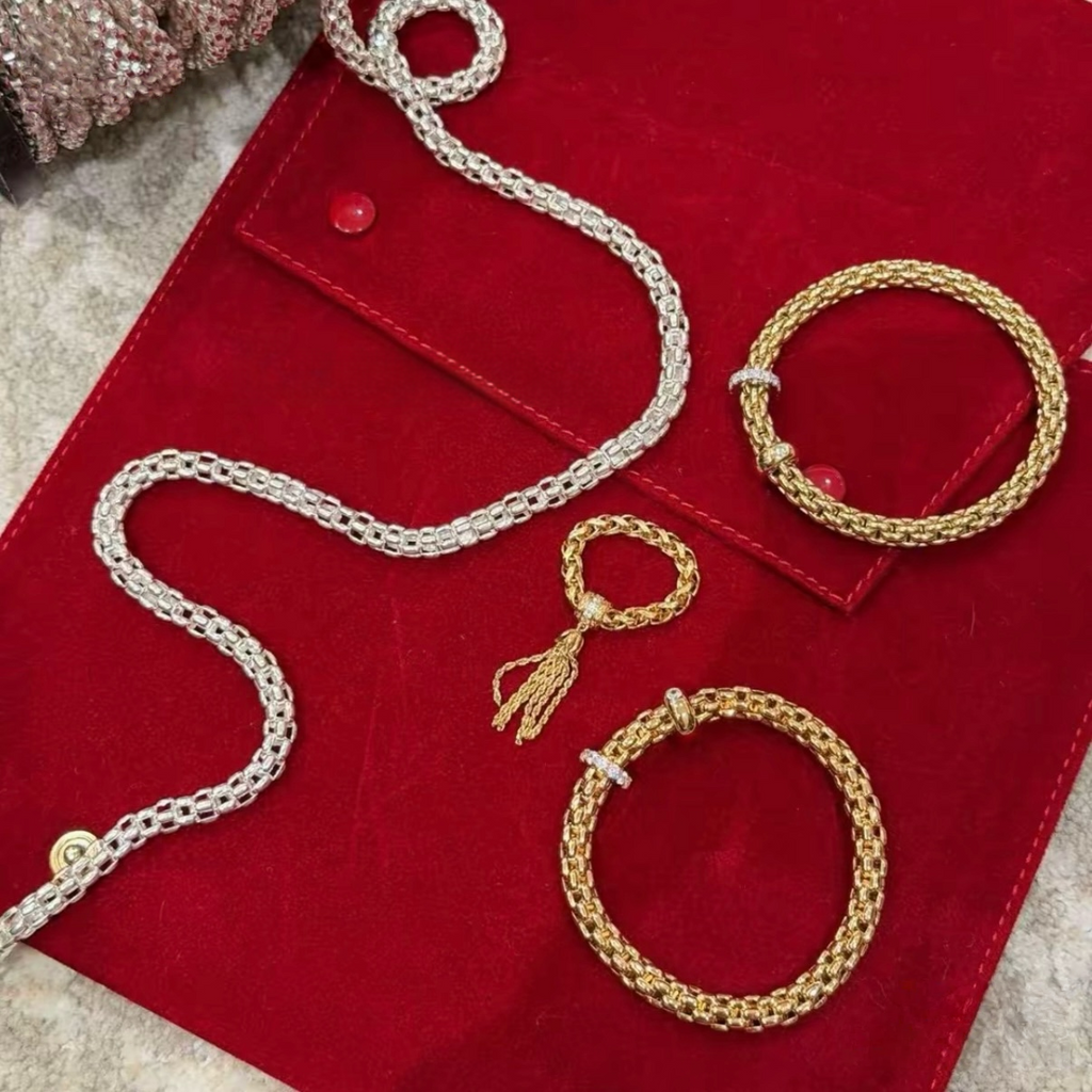 18K gold-plated sterling silver woven chain bracelet with movable pavé cubic zirconia ring