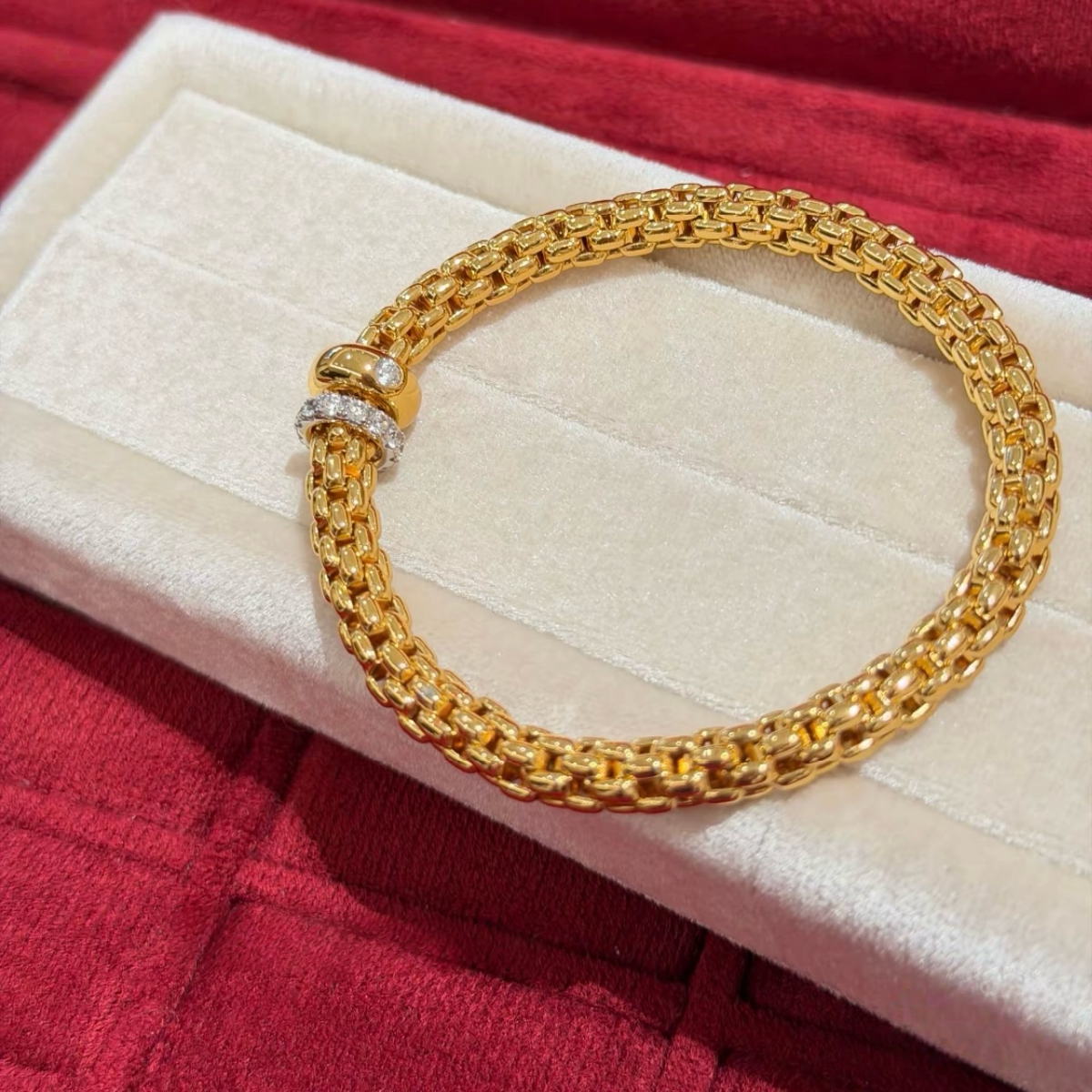 18K gold-plated sterling silver woven chain bracelet with movable pavé cubic zirconia ring