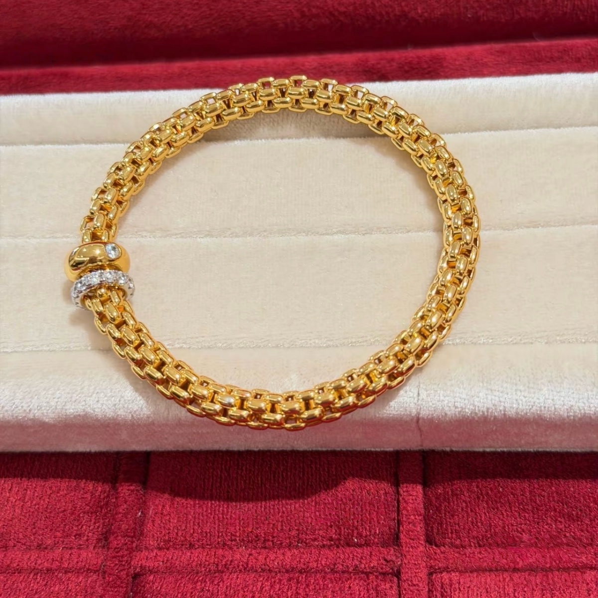 18K gold-plated sterling silver woven chain bracelet with movable pavé cubic zirconia ring