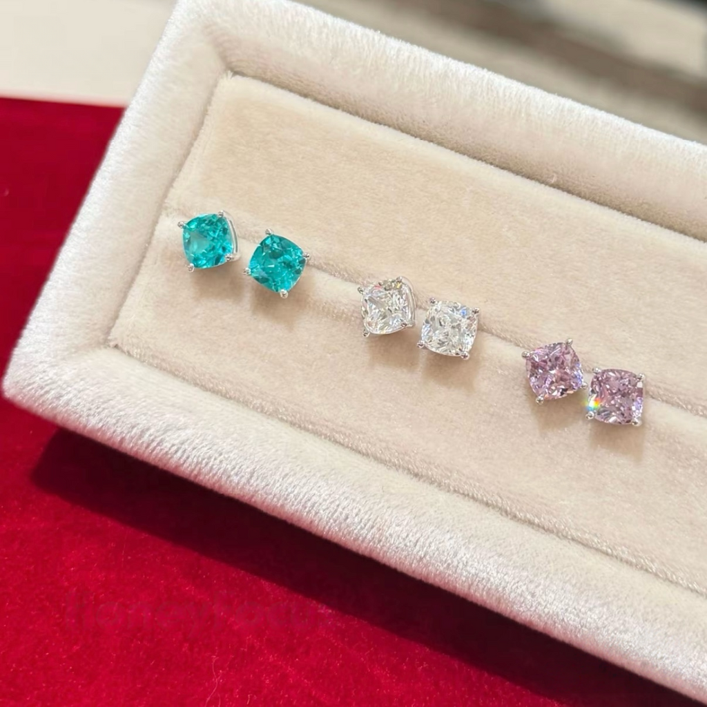 Sterling silver cushion-cut cubic zirconia stud earrings in light purple, white, and blue
